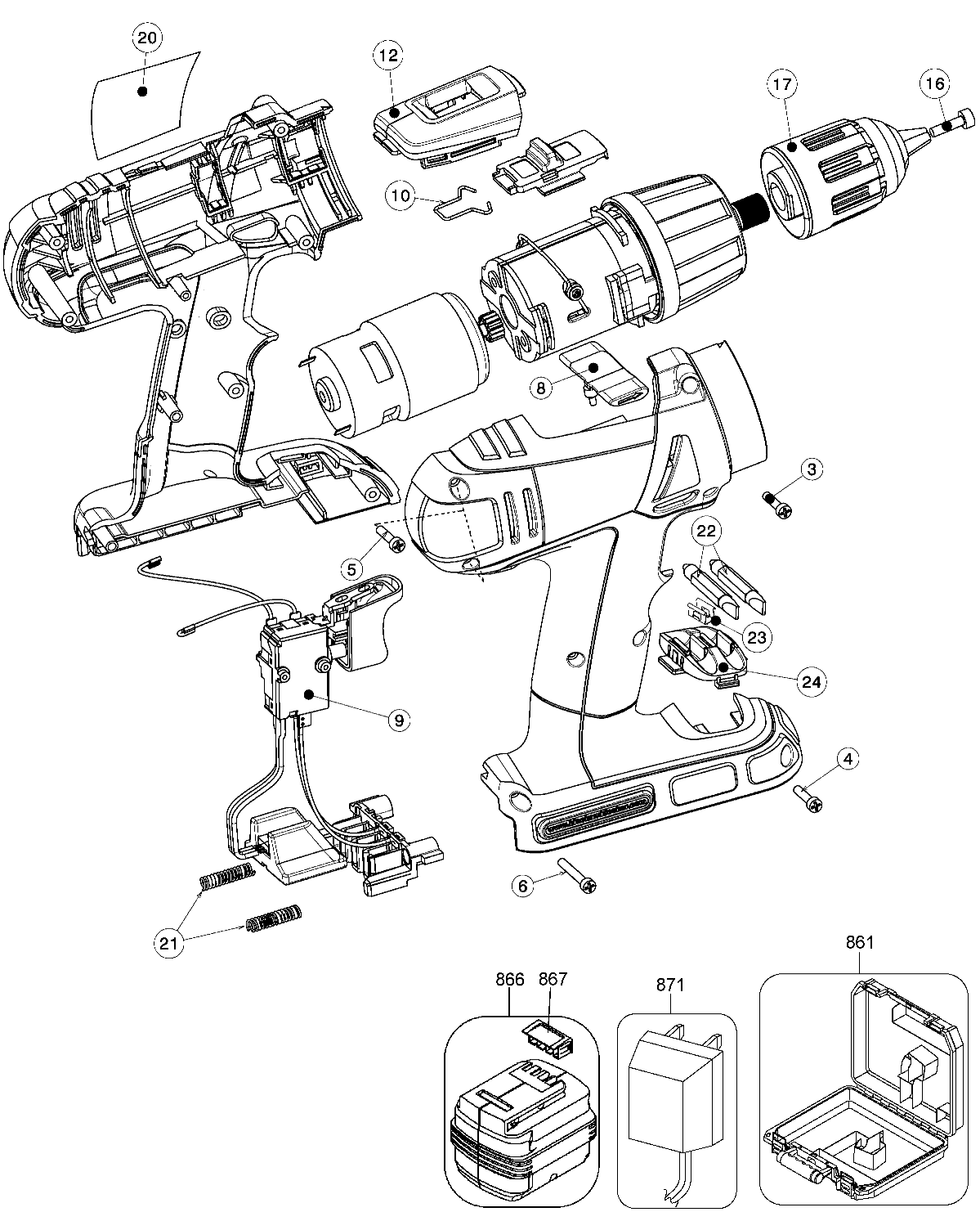 Default Diagram and Parts List for HPD1400 Type 1 Black and Decker Boring Machine